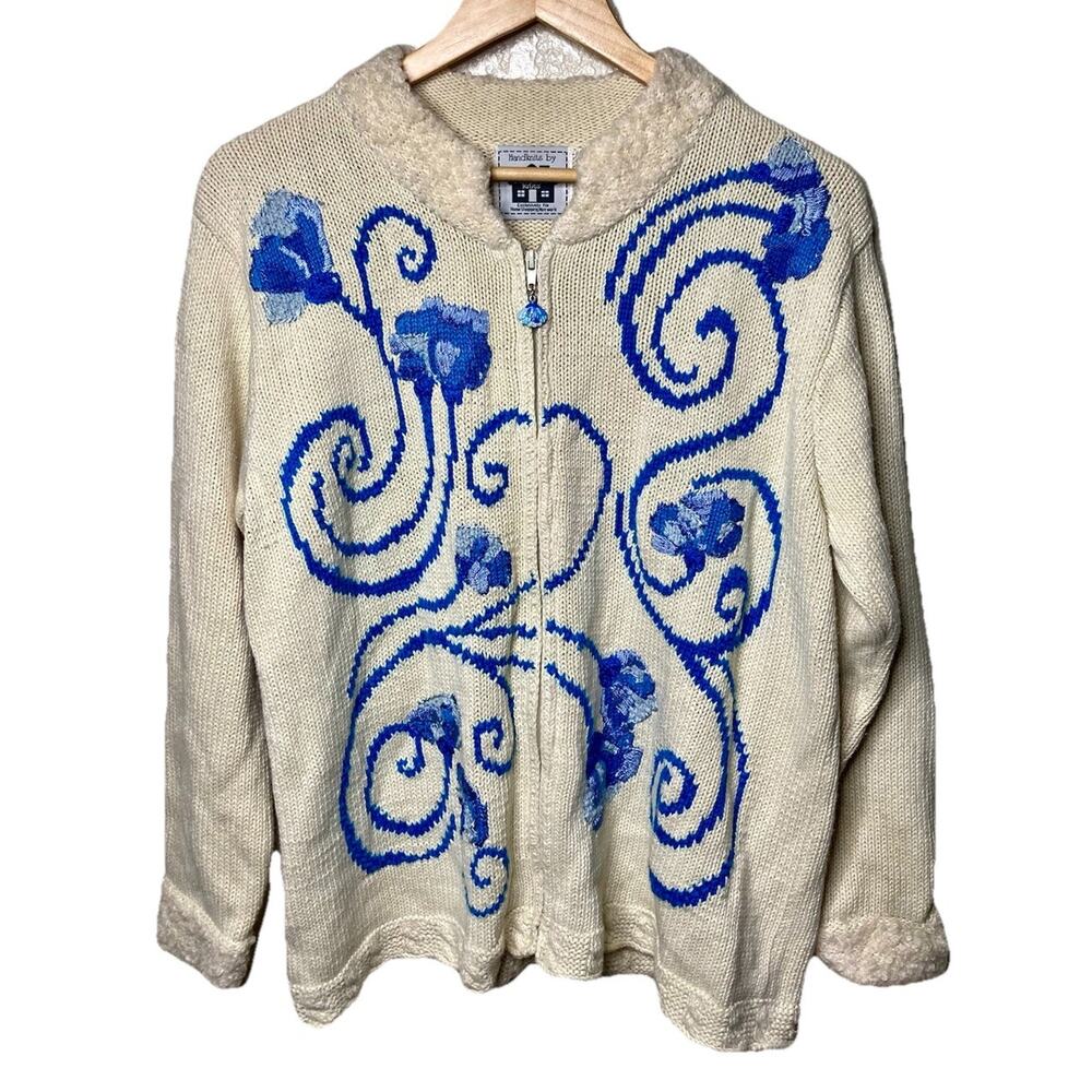 Vintage Storybook Knits Zip Front Cardigan Large Creamy Ivory Shells Cottagecore